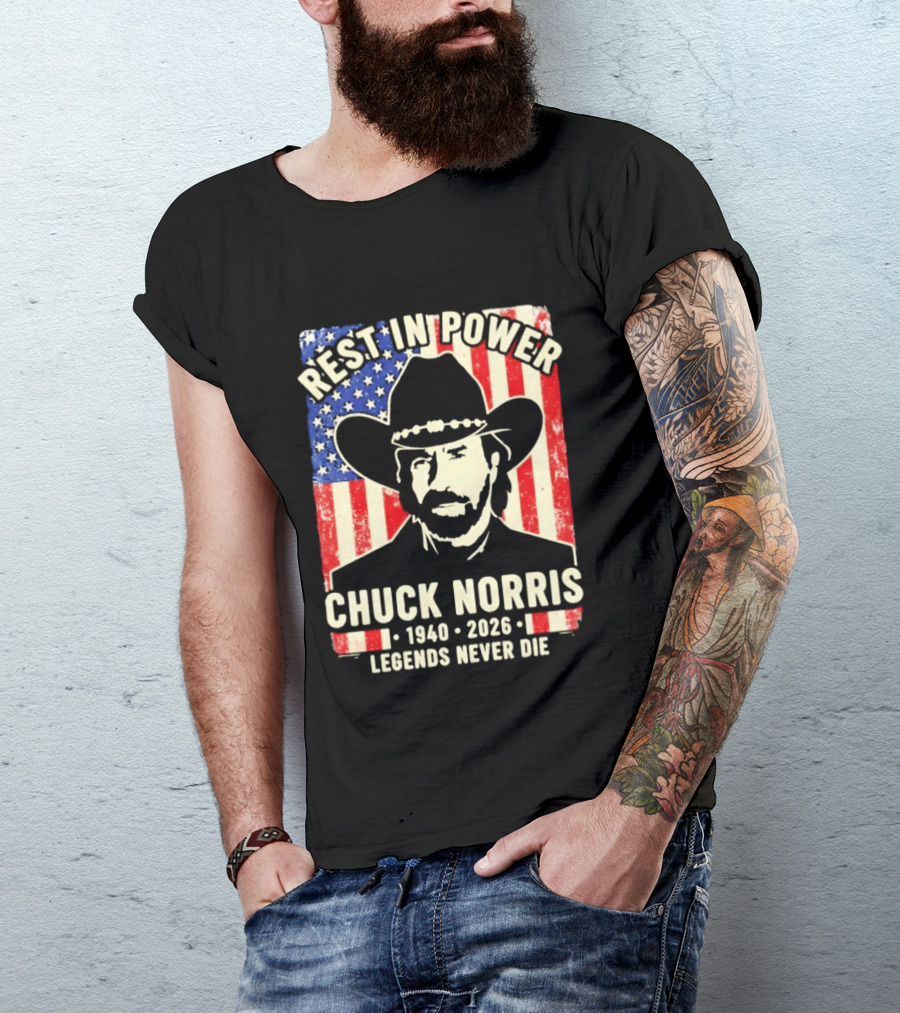 Rest In Power Chuck Norris Legends Never Die 1940 2026 Patriotic Western Cowboy T-Shirt