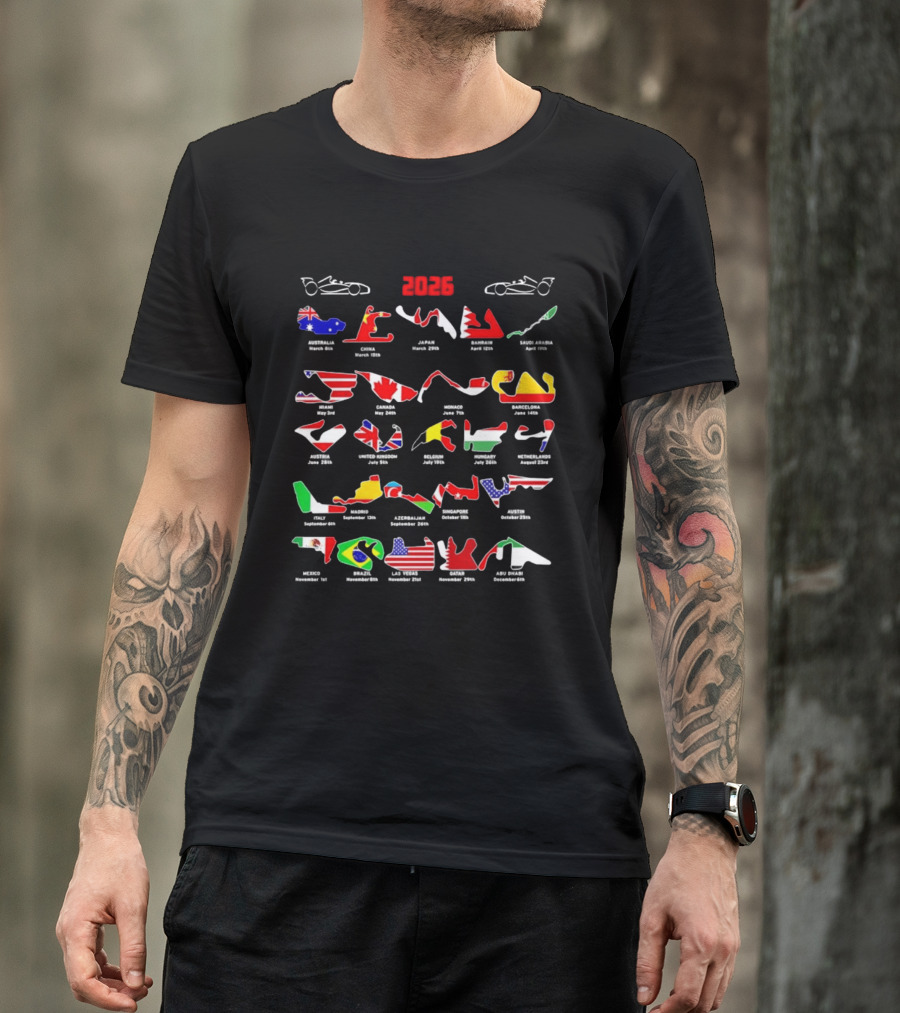 Formula Racing 2026 Circuit Map With International Flags And Track Layouts T-Shirt