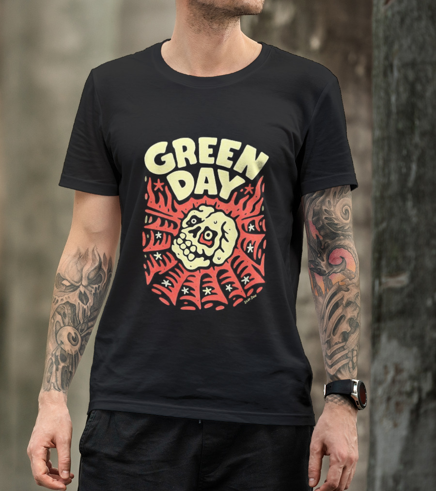 Green Day Skull Spider Red And Cream T-Shirt
