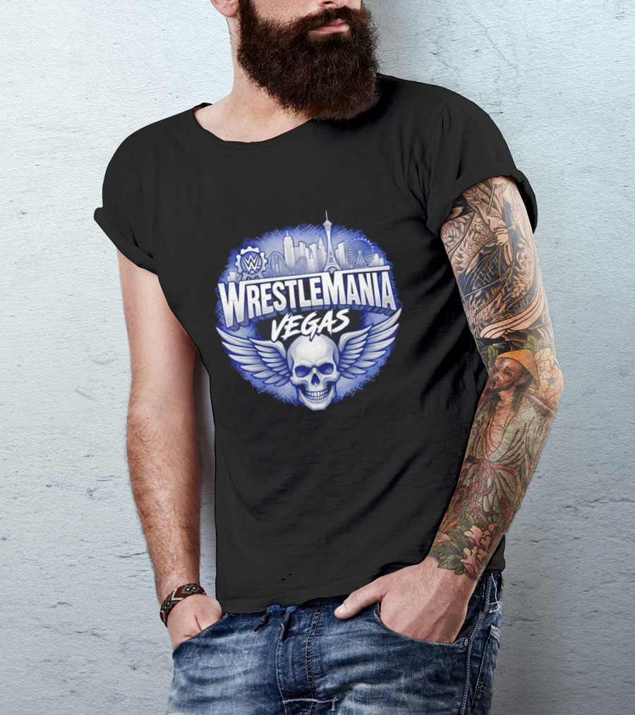 Cody Rhodes WWE Wrestlemania Vegas 42 Skull Wings Skyline T-Shirt
