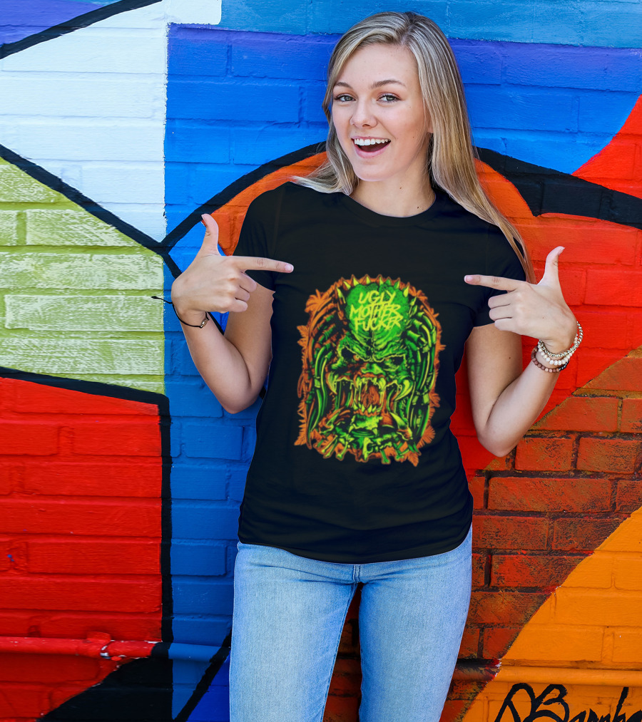 Predator Ugly Mother Fucker Alien Mask Neon Green And Orange T-Shirt