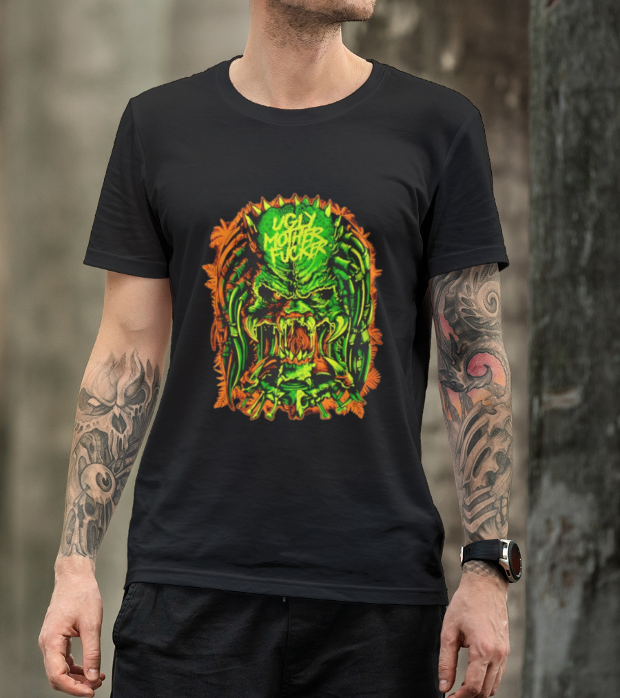 Predator Ugly Mother Fucker Alien Mask Neon Green And Orange T-Shirt