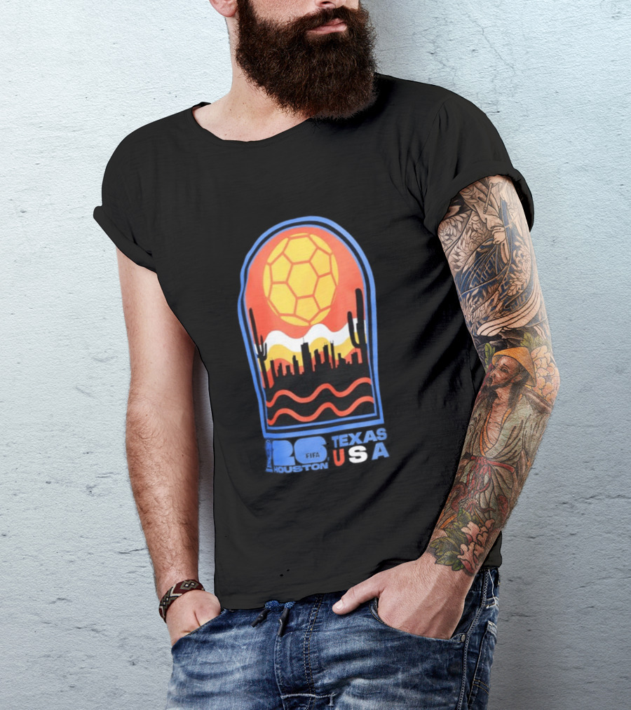 Texas USA FIFA 2026 Houston Skyline Cactus Sunset Soccer Ball T-Shirt