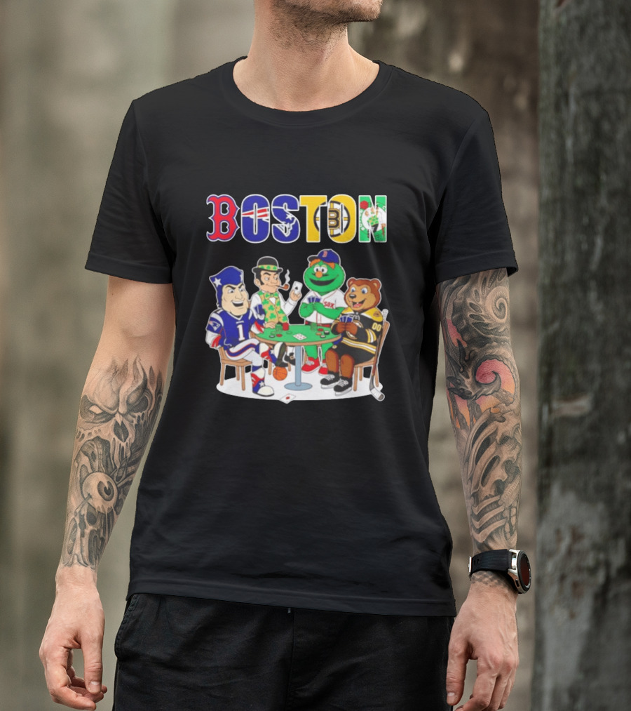 Boston Teams Playing Cards Patriots Red Sox Celtics Bruins Logos T-Shirt