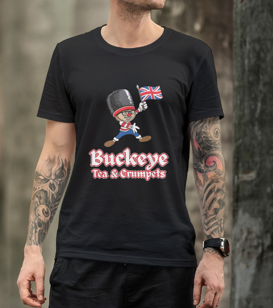 Buckeye Tea And Crumpets British Guard Cartoon With Union Jack Flag T-Shirt