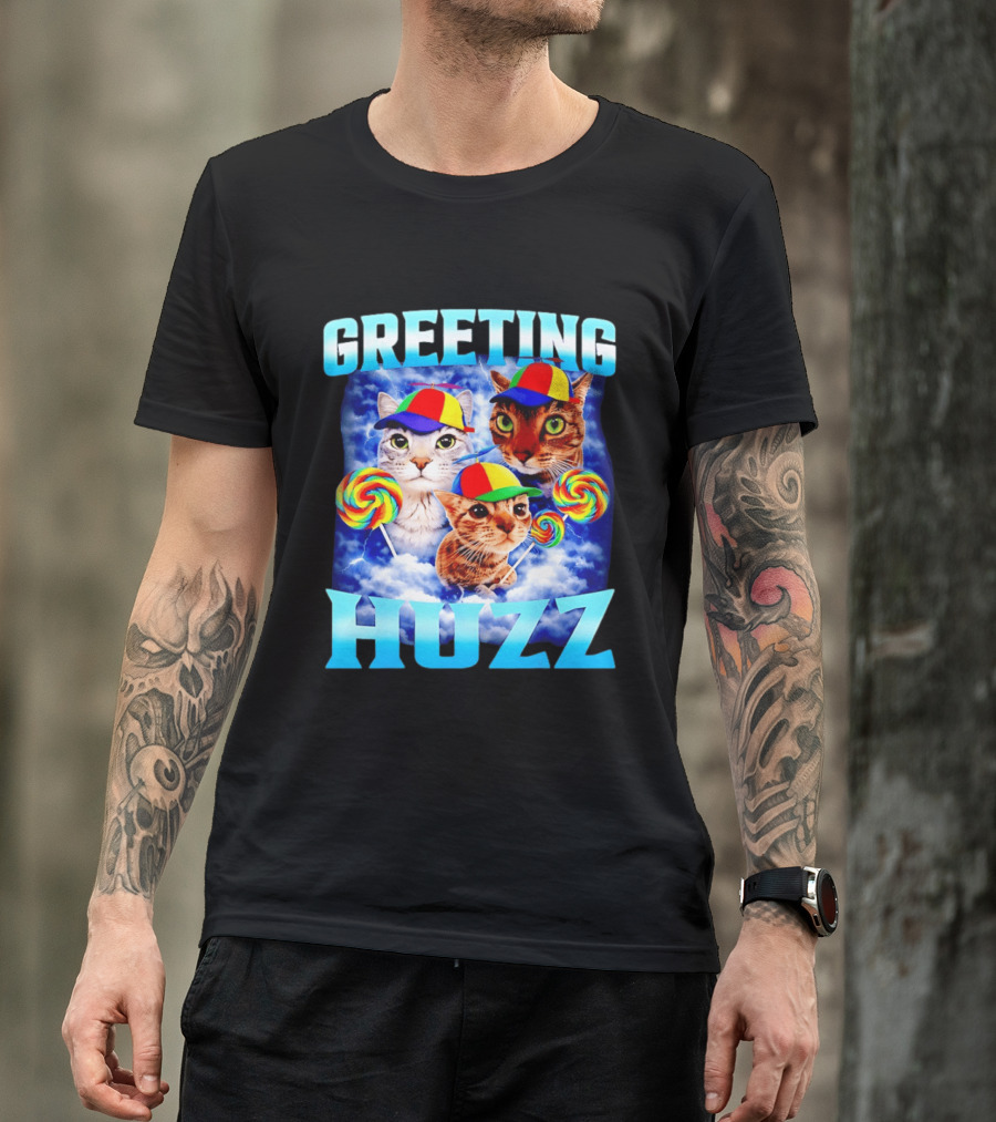Greeting Huzz Cat Meme With Lollipops And Colorful Hats T-Shirt