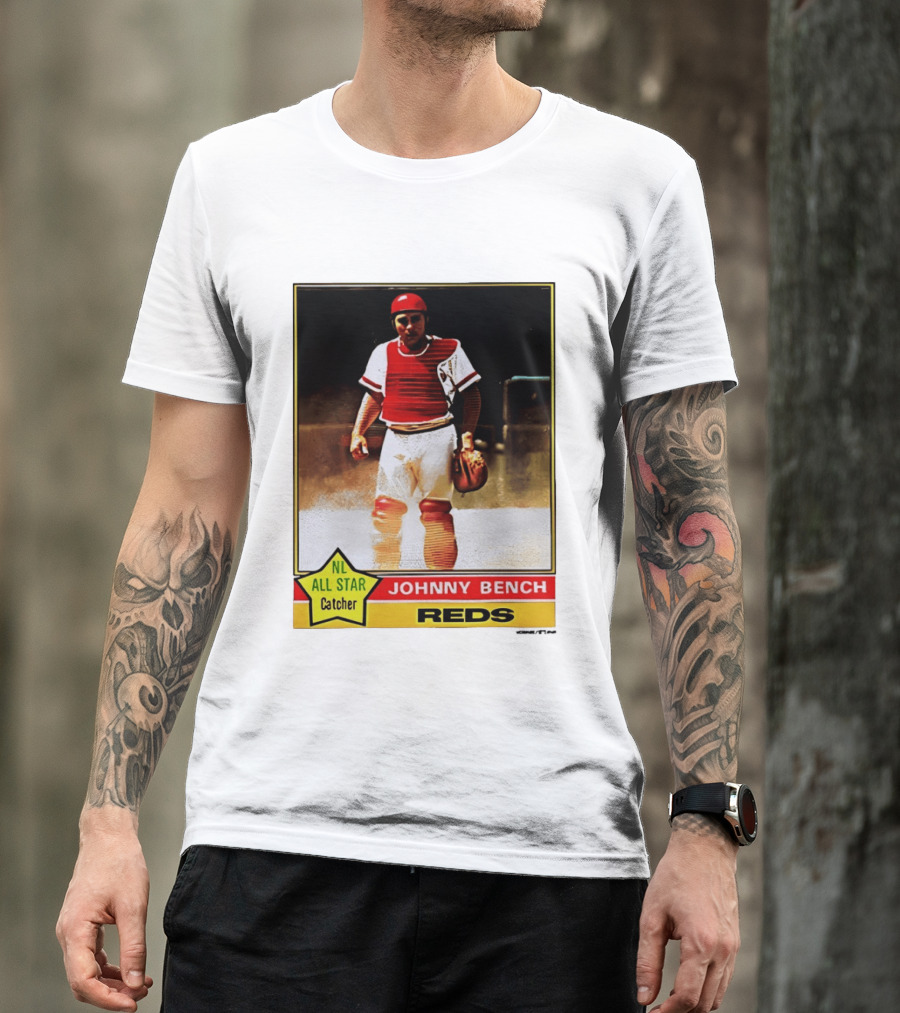Johnny Bench Cincinnati Reds 1976 Topps NL All Star Catcher Retro Card T-Shirt