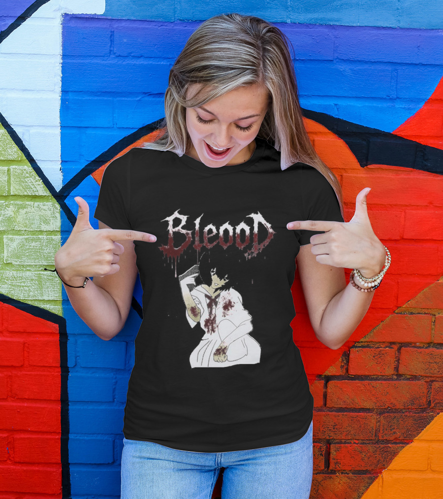 Blood Anime Style Dripping Text And Mysterious Figure T-Shirt