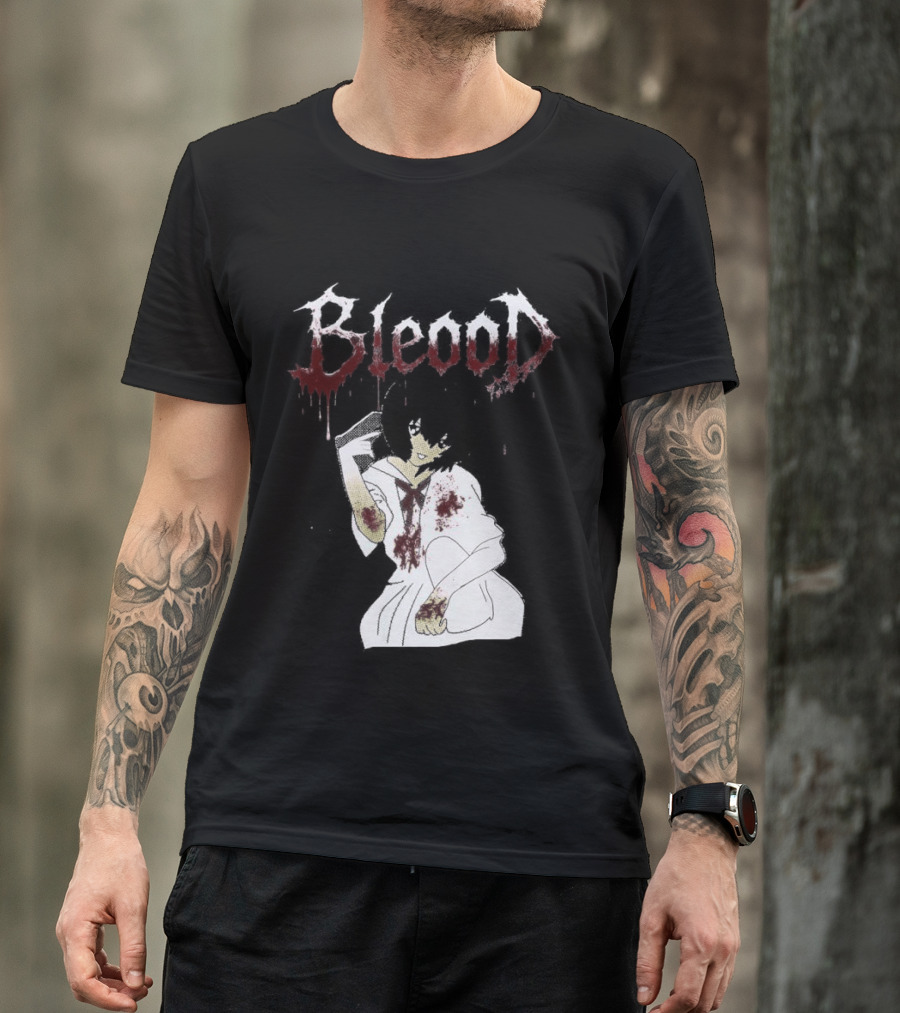 Blood Anime Style Dripping Text And Mysterious Figure T-Shirt