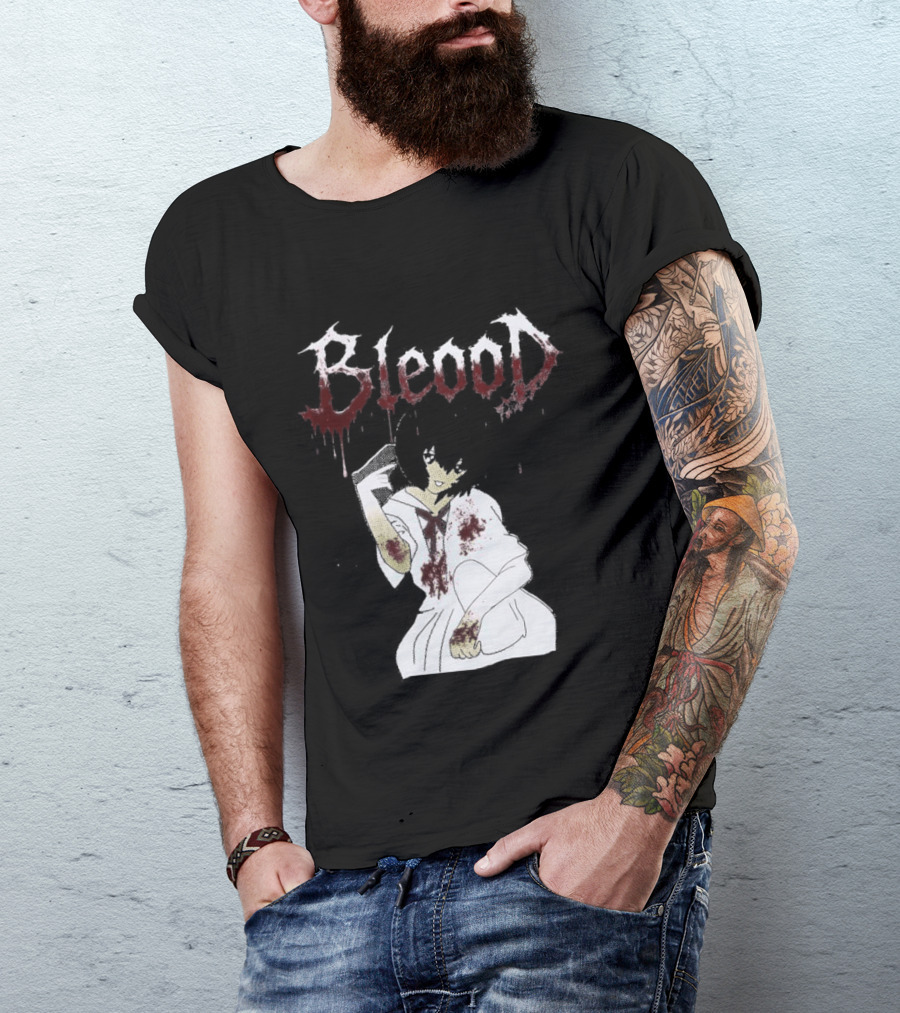 Blood Anime Style Dripping Text And Mysterious Figure T-Shirt