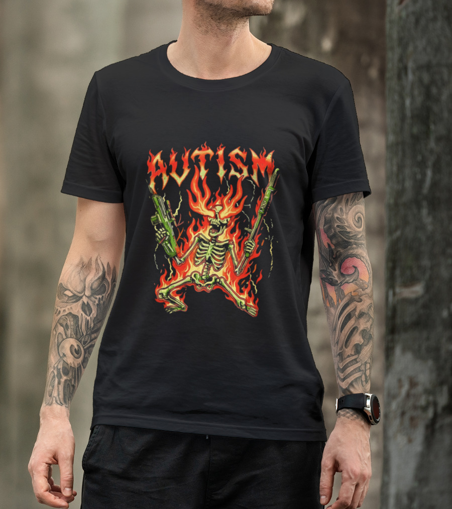 Skeleton Blazing Holding Two Rifle Guns Autism Flame T-Shirt