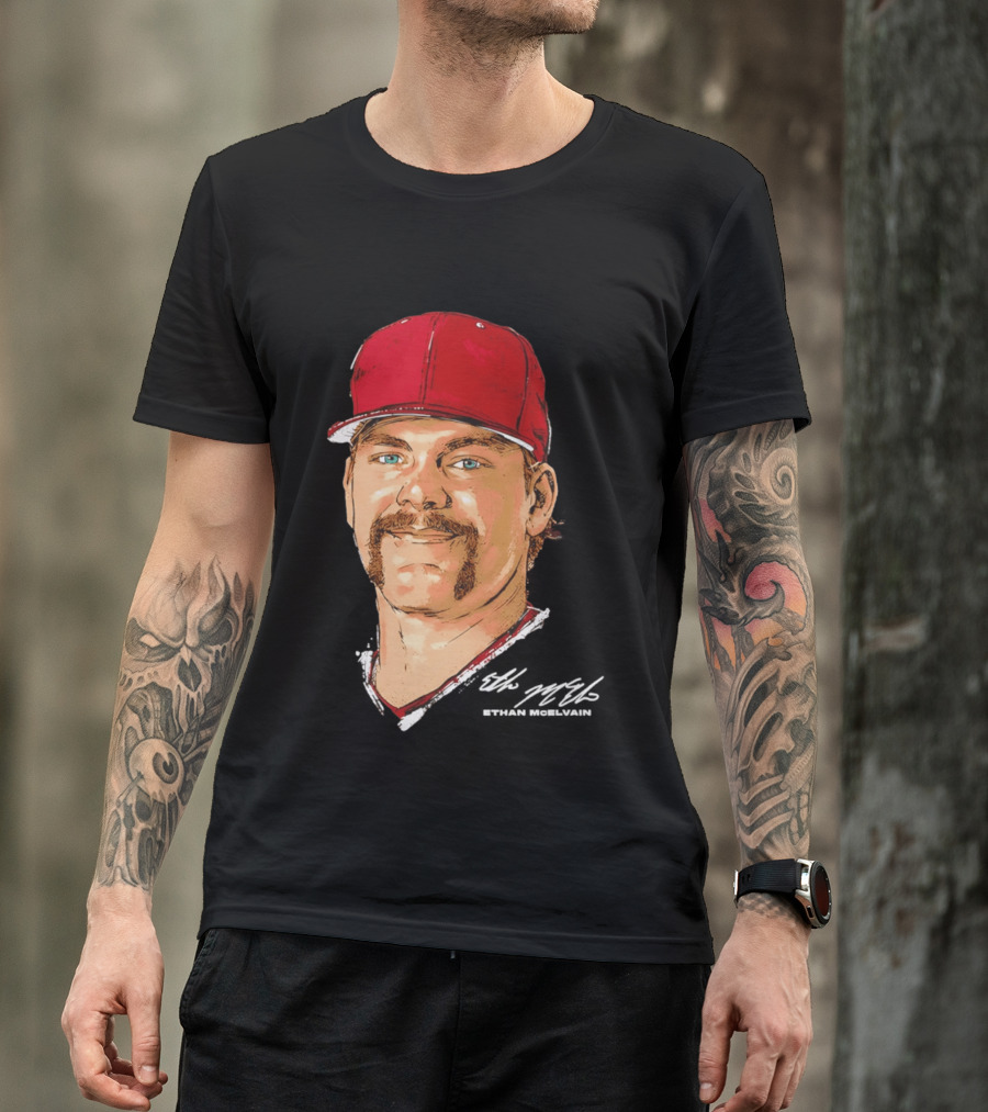 Ethan McElvain Arkansas Razorbacks Baseball Player Portrait In Red Cap T-Shirt
