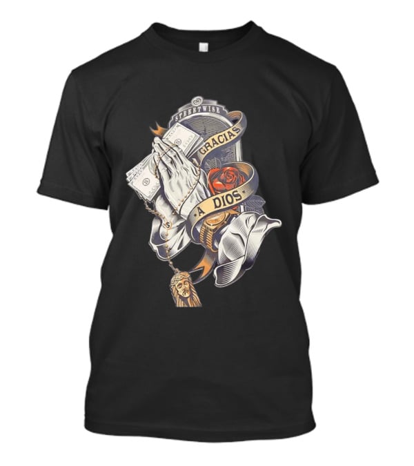 Streetwise Gracias A Dios Prayer Hands Rose Rosary T-Shirt