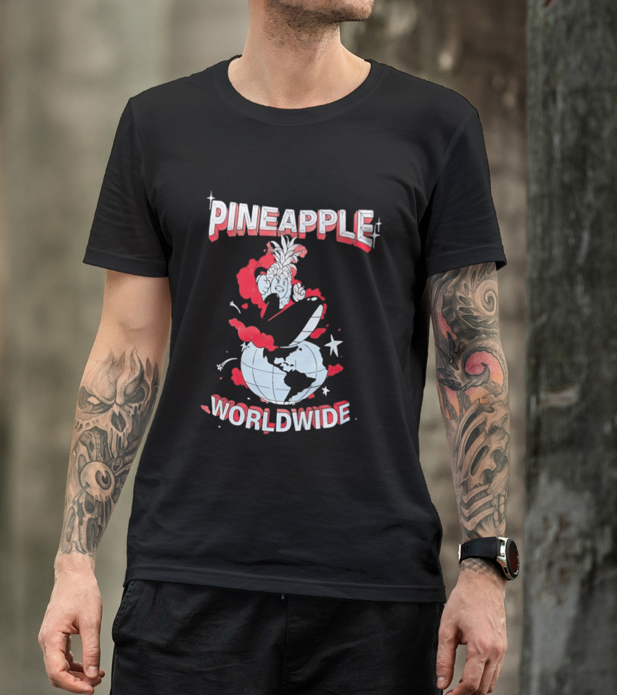 Pineapple Worldwide Cartoon Exploding Globe T-Shirt