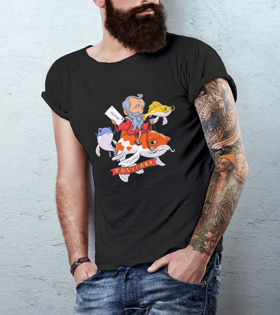 Polycarp Philippians Cartoon Elder Riding Giant Koi Fish With Scroll And Whimsical Sea Creatures T-Shirt