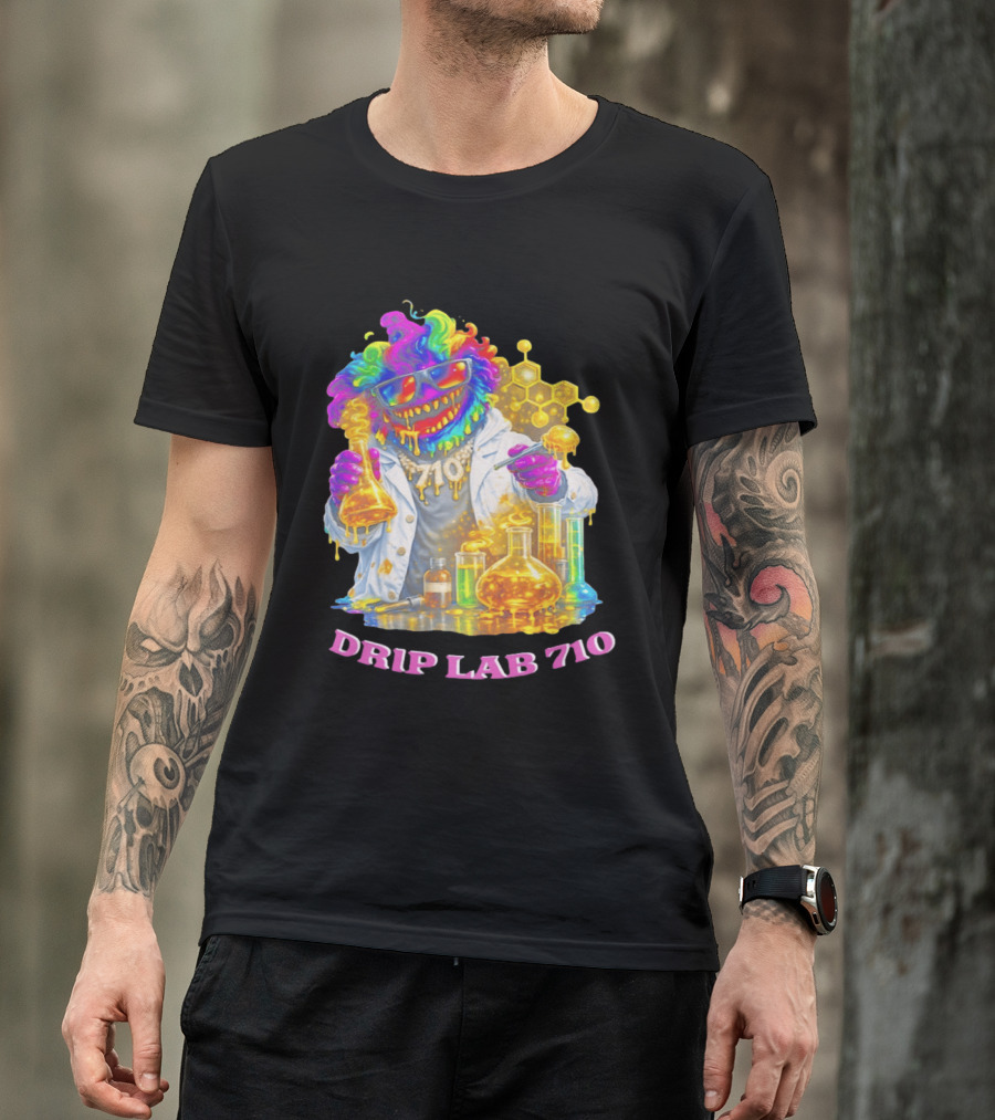 Drip Lab 710 Psychedelic Monster Chemist With Colorful Beakers T-Shirt