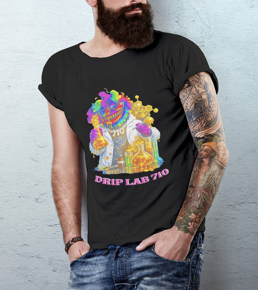 Drip Lab 710 Psychedelic Monster Chemist With Colorful Beakers T-Shirt