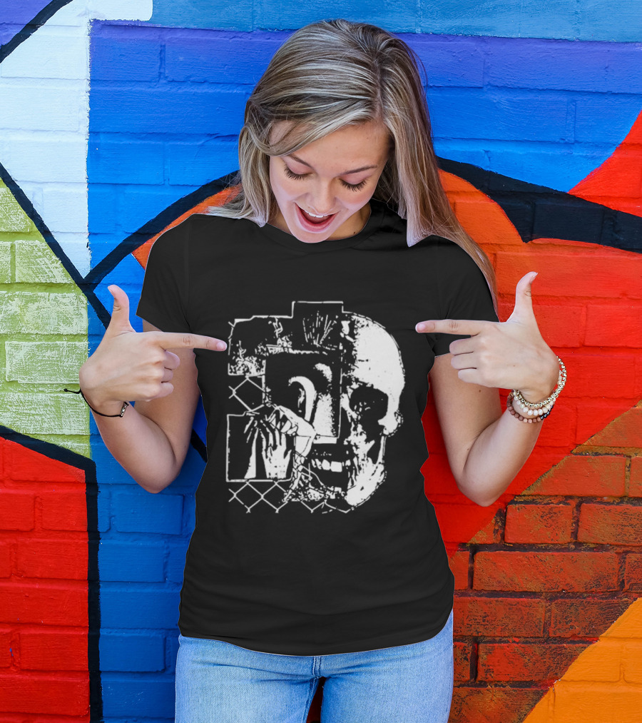 Harms Way Chain Link Skull 2026 Distorted Surreal White Design With Fence T-Shirt