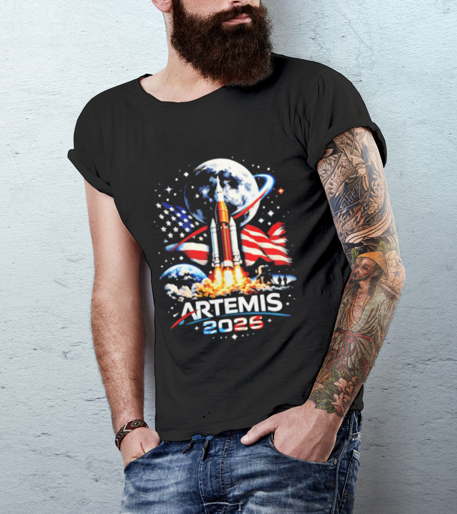 Artemis 2025 Rocket Launch USA Flag Moon Exploration T-Shirt
