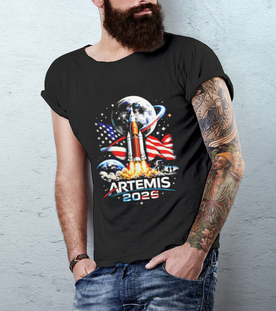 Artemis 2026 Moon Mission American Rocket Launch With Flag And Stars T-Shirt