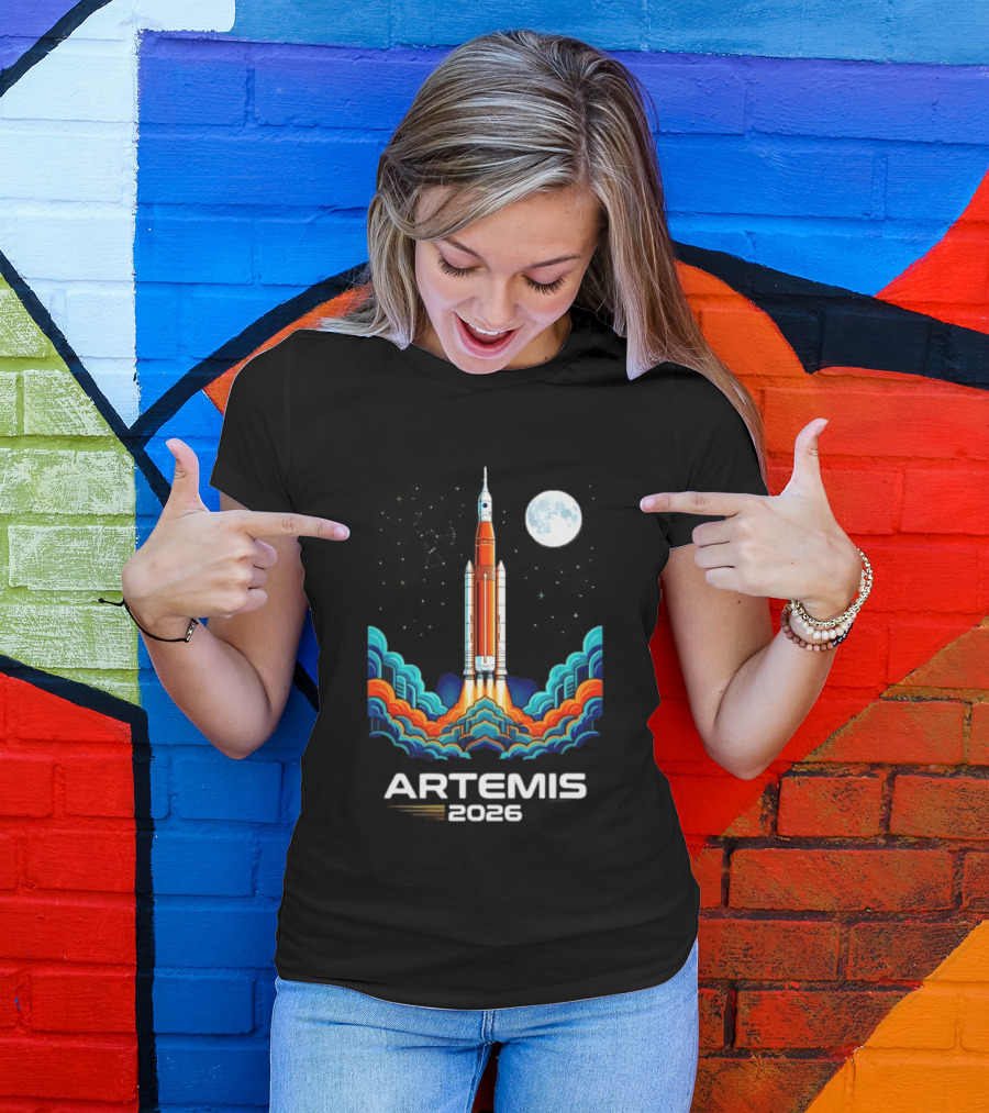 Artemis 2026 Moon Mission Rocket Launch With Vibrant Waves And Full Moon T-Shirt