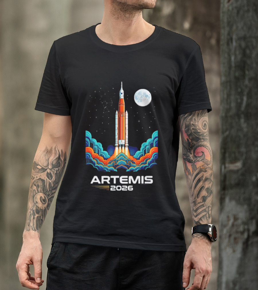 Artemis 2026 Moon Mission Rocket Launch With Vibrant Waves And Full Moon T-Shirt