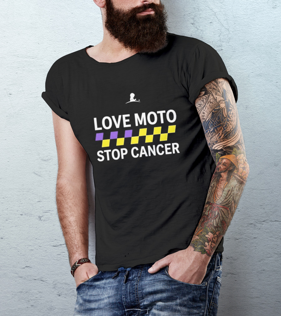 Love Moto Stop Cancer St. Jude Purple Yellow Checkered Racing T-Shirt
