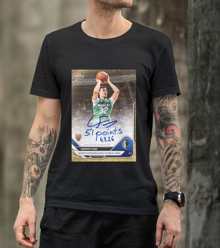 Topps Now Cooper Flagg 51 Points Youngest NBA History Dallas Mavericks Rookie Card T-Shirt