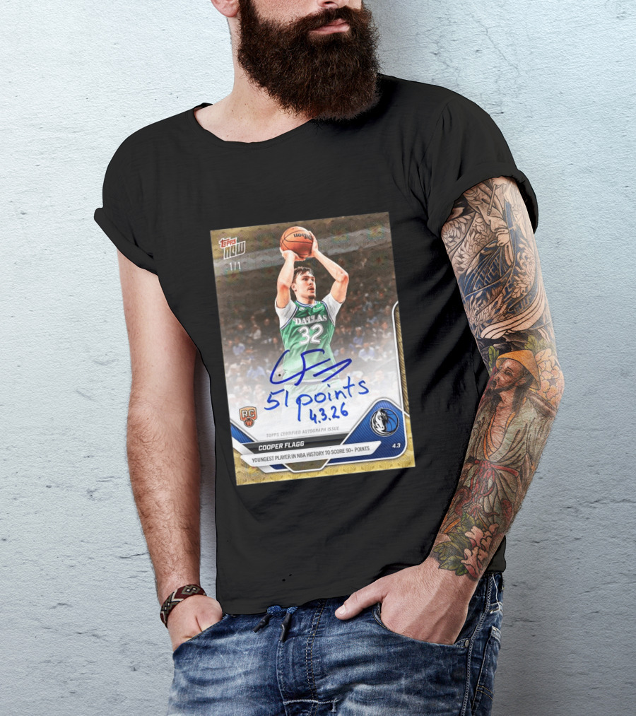 Topps Now Cooper Flagg 51 Points Youngest NBA History Dallas Mavericks Rookie Card T-Shirt