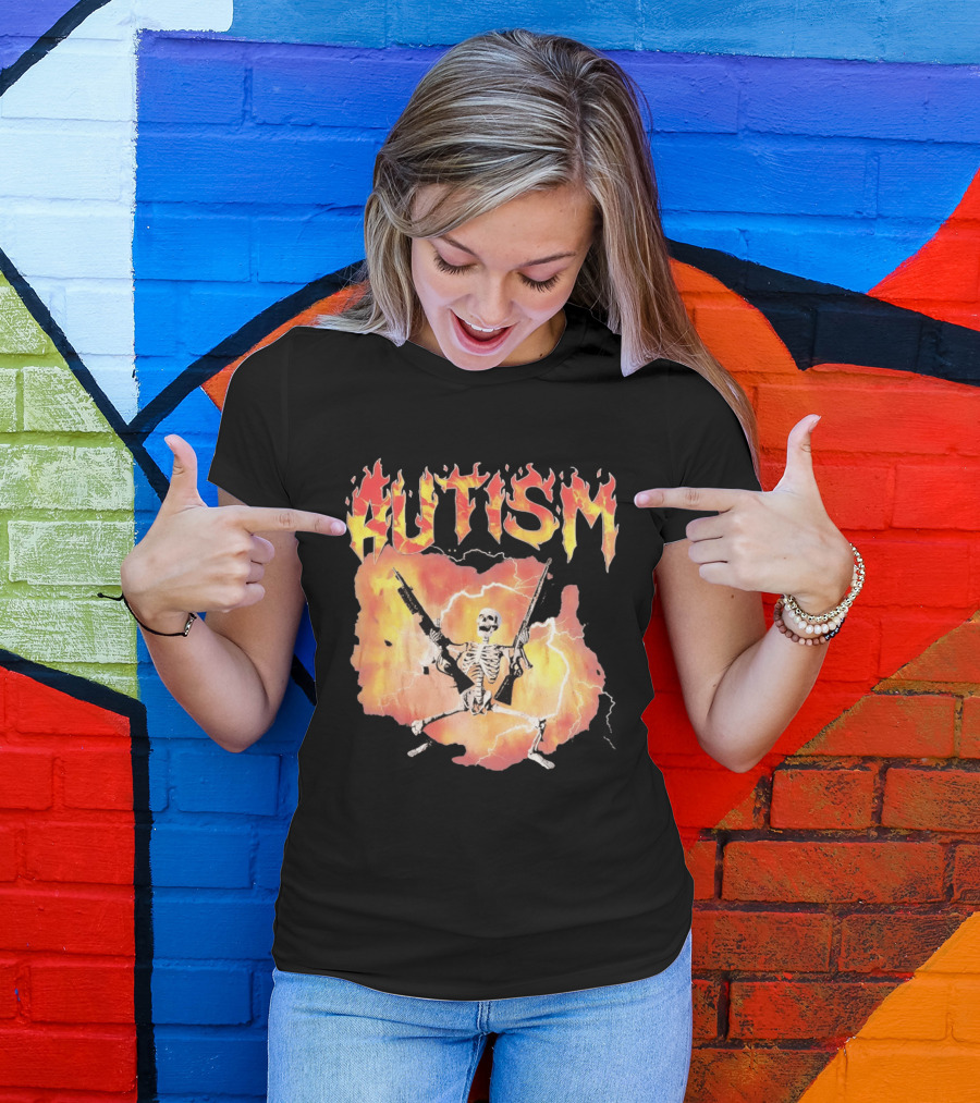 Autism Flaming Skeleton Meme Guns Edgy Fire T-Shirt
