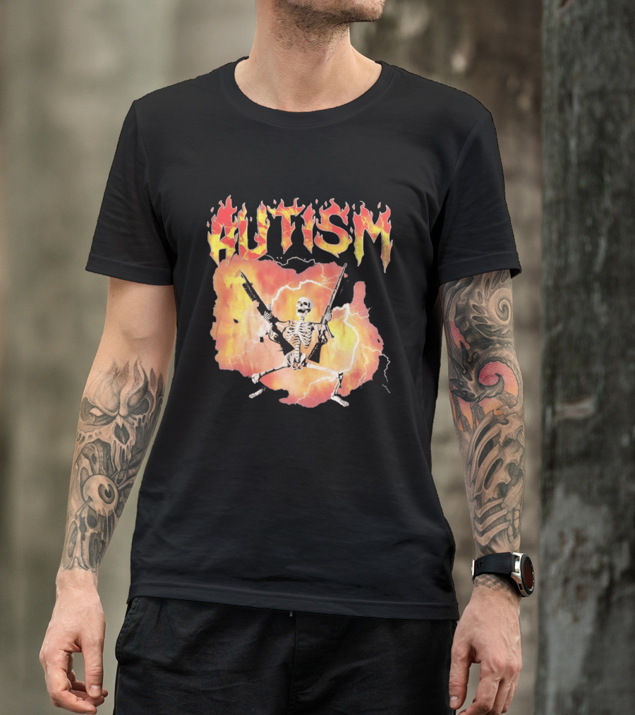 Autism Flaming Skeleton Meme Guns Edgy Fire T-Shirt