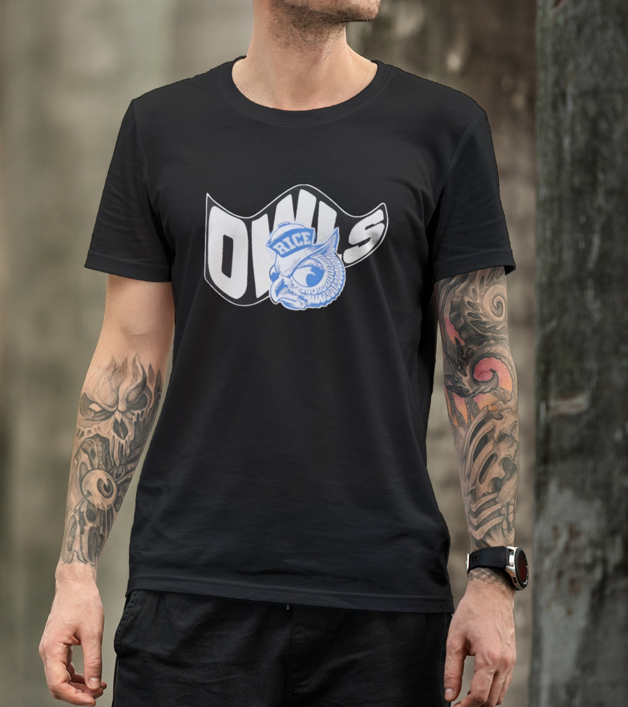 Rice Owls Waving Flag Bold Script With Blue Owl T-Shirt