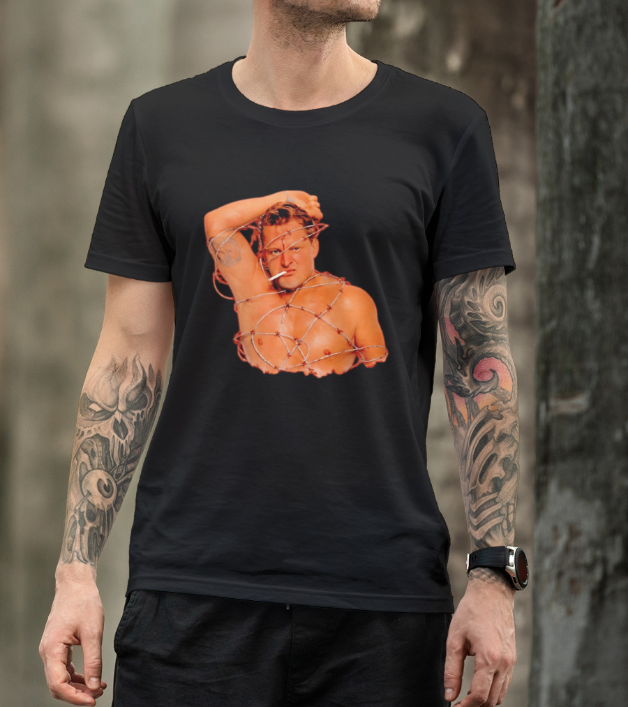 Sandman Barbed Wire Screenprinted Wrapping Wrestler With Cigarette T-Shirt