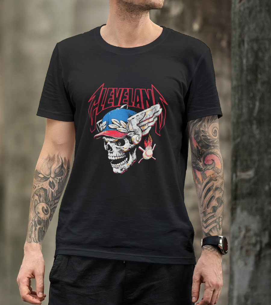 Cleveland Skull Flames Winged Helmet Baseball Bat And Ball T-Shirt
