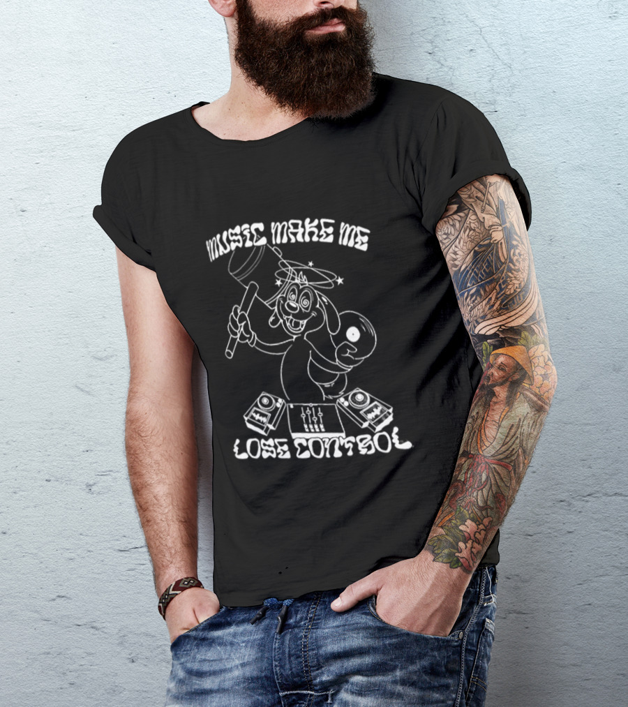Music Make Me Lose Control Cartoon DJ Rabbit With Vinyl And Keyboard T-Shirt