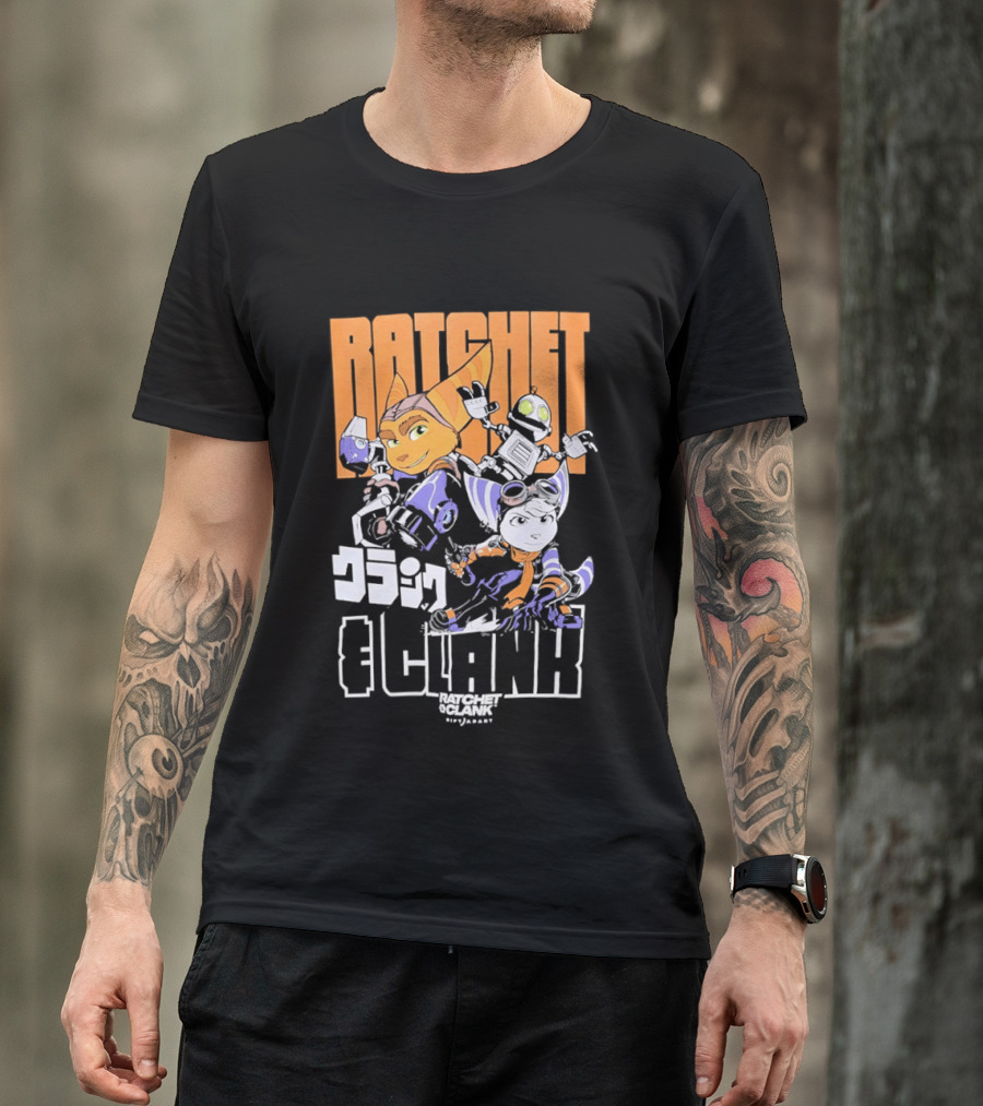 Ratchet And Clank Characters Orange And White Illustration With Japanese T-Shirt