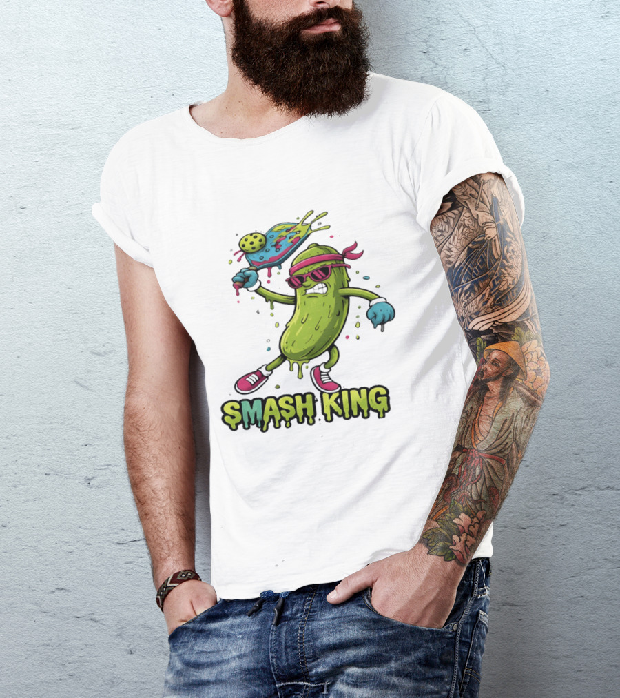 Smash King Pickleball Pickle Character With Paddle And Ball T-Shirt