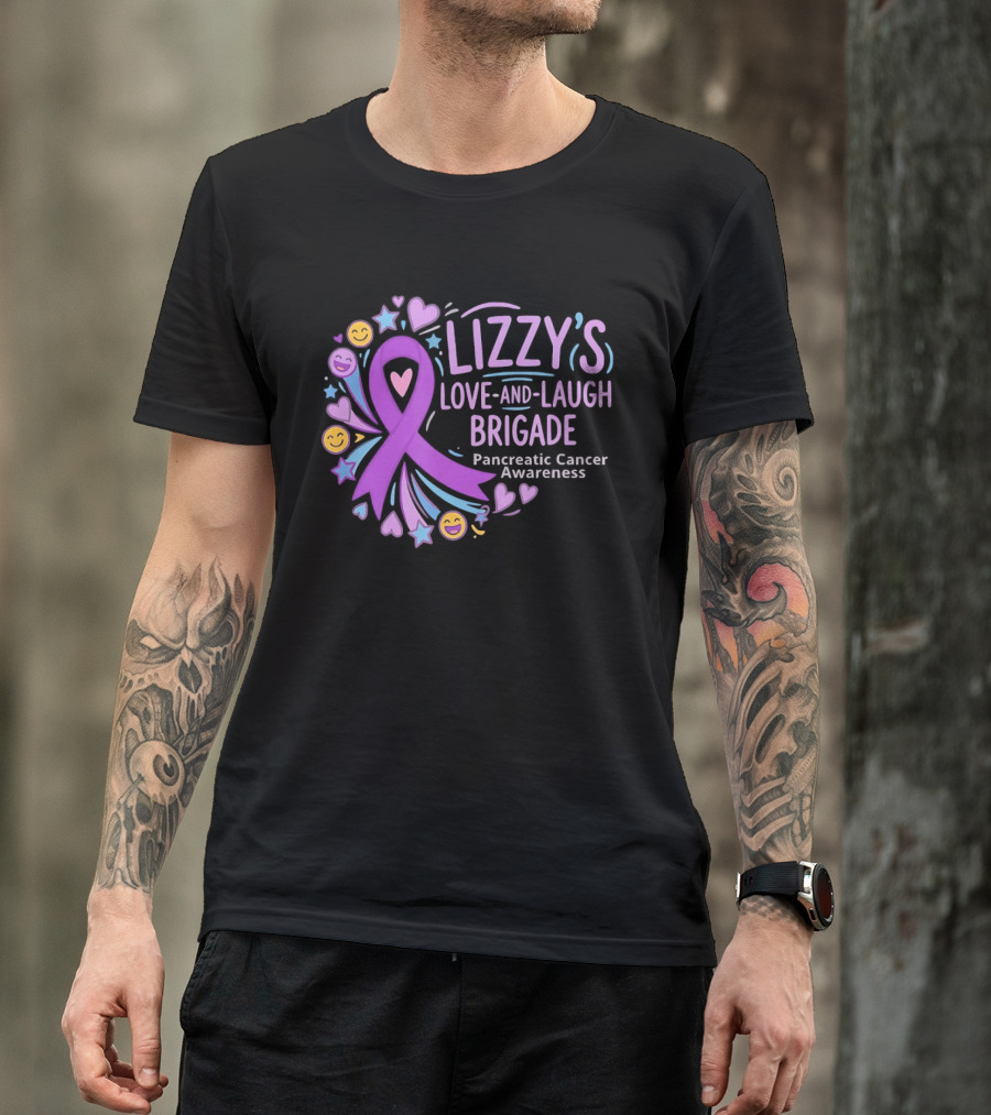 Lizzy's Love And Laugh Brigade Pancreatic Cancer Awareness Purple Ribbon Hearts And Smiles T-Shirt