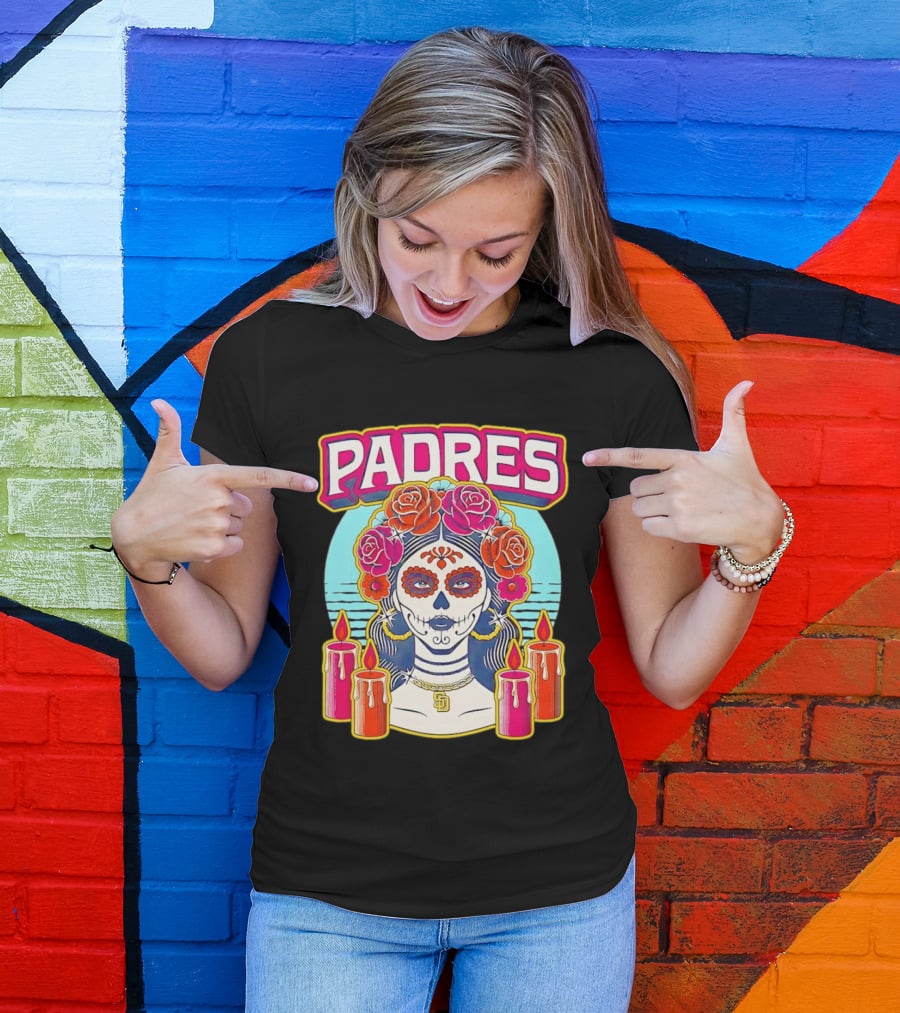 San Diego Padres La Catrina Dia De Los Muertos Candles And Flowers T-Shirt