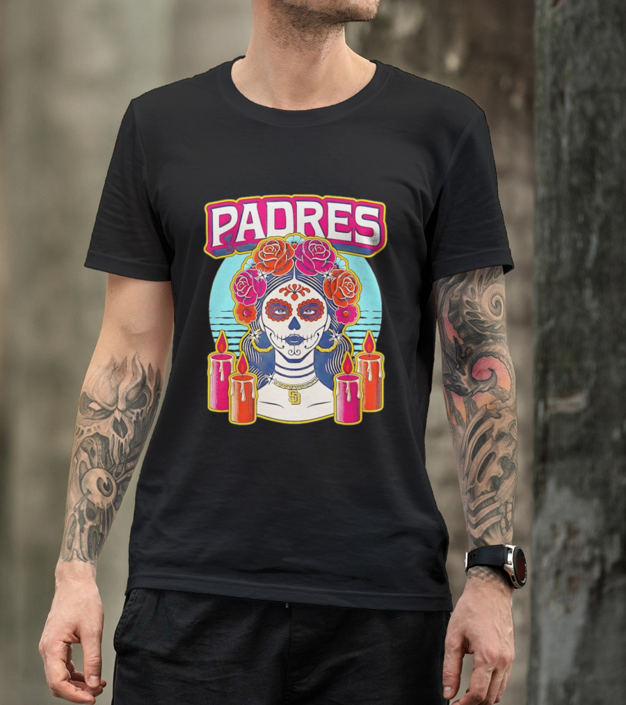 San Diego Padres La Catrina Dia De Los Muertos Candles And Flowers T-Shirt