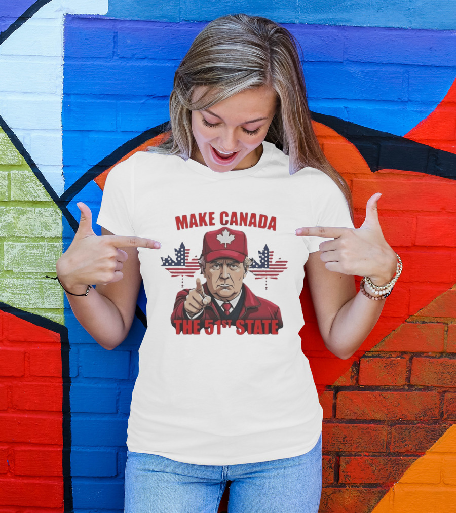 Make Canada The 51st State Trump Red Cap Maple Leaf Stars Stripes T-Shirt