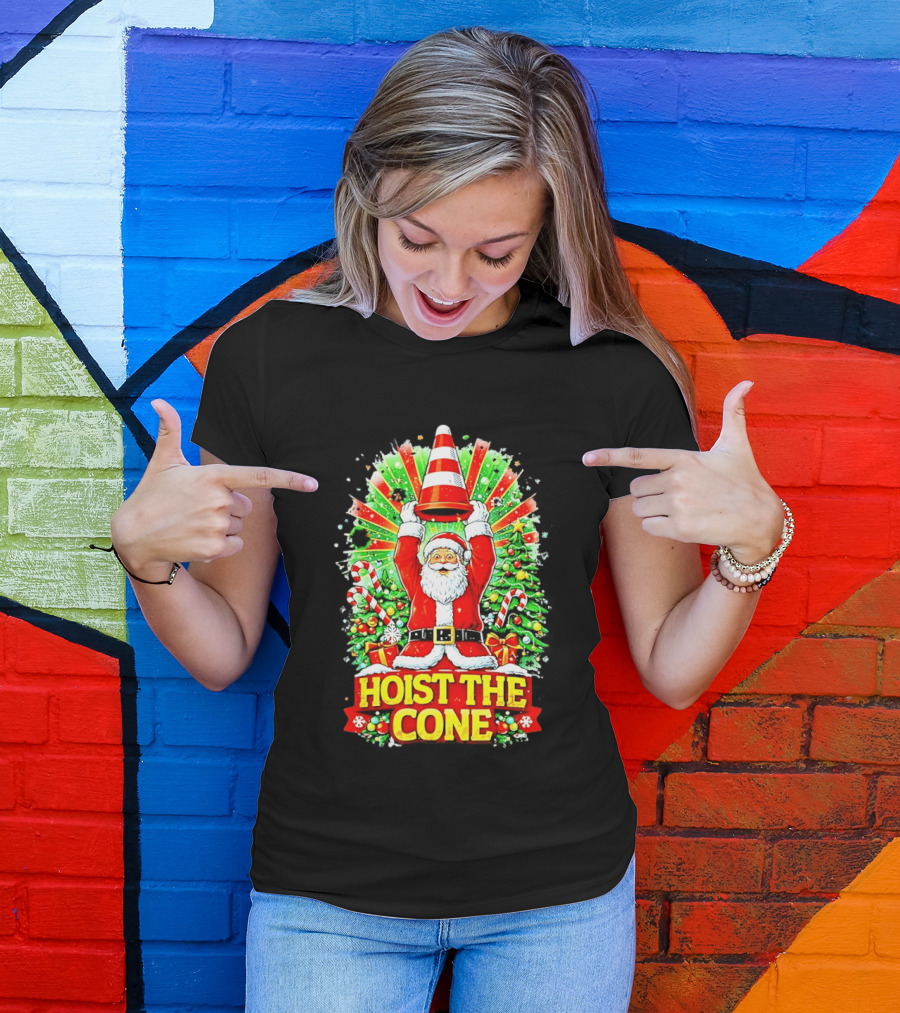 Santa Hoist The Cone Christmas Lights Tree Candy Canes T-Shirt