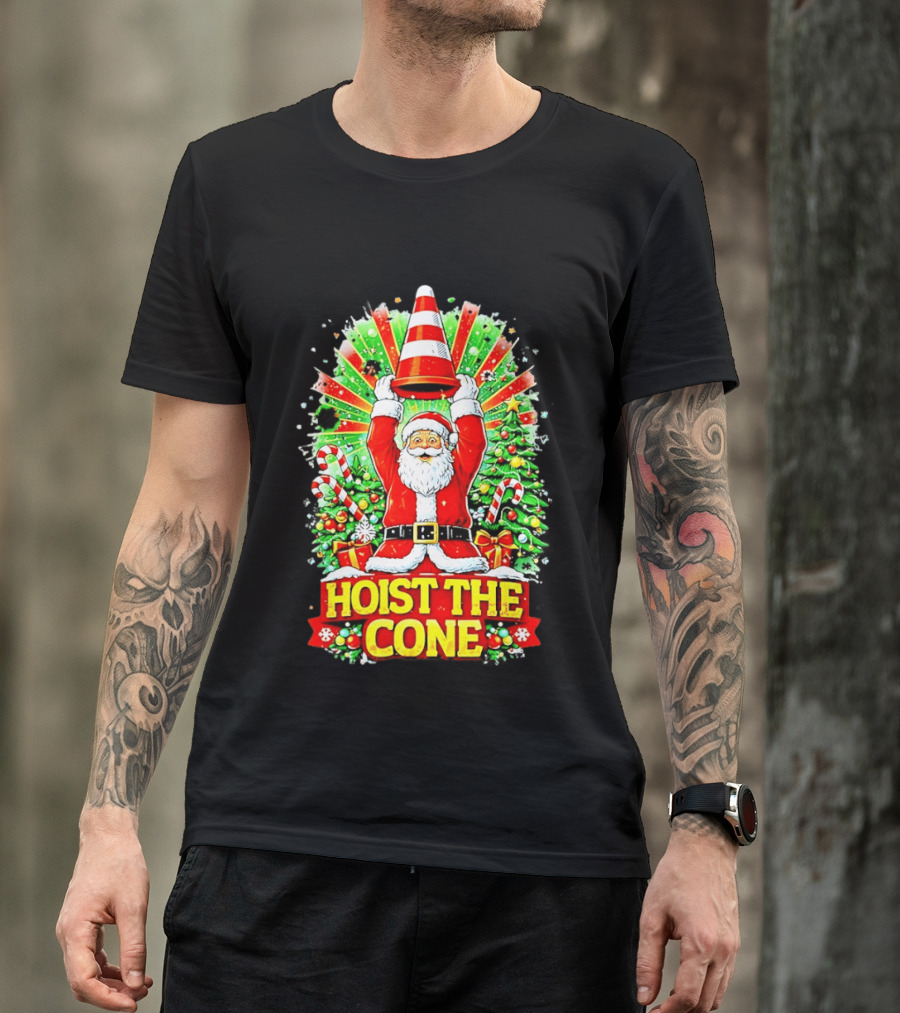 Santa Hoist The Cone Christmas Lights Tree Candy Canes T-Shirt