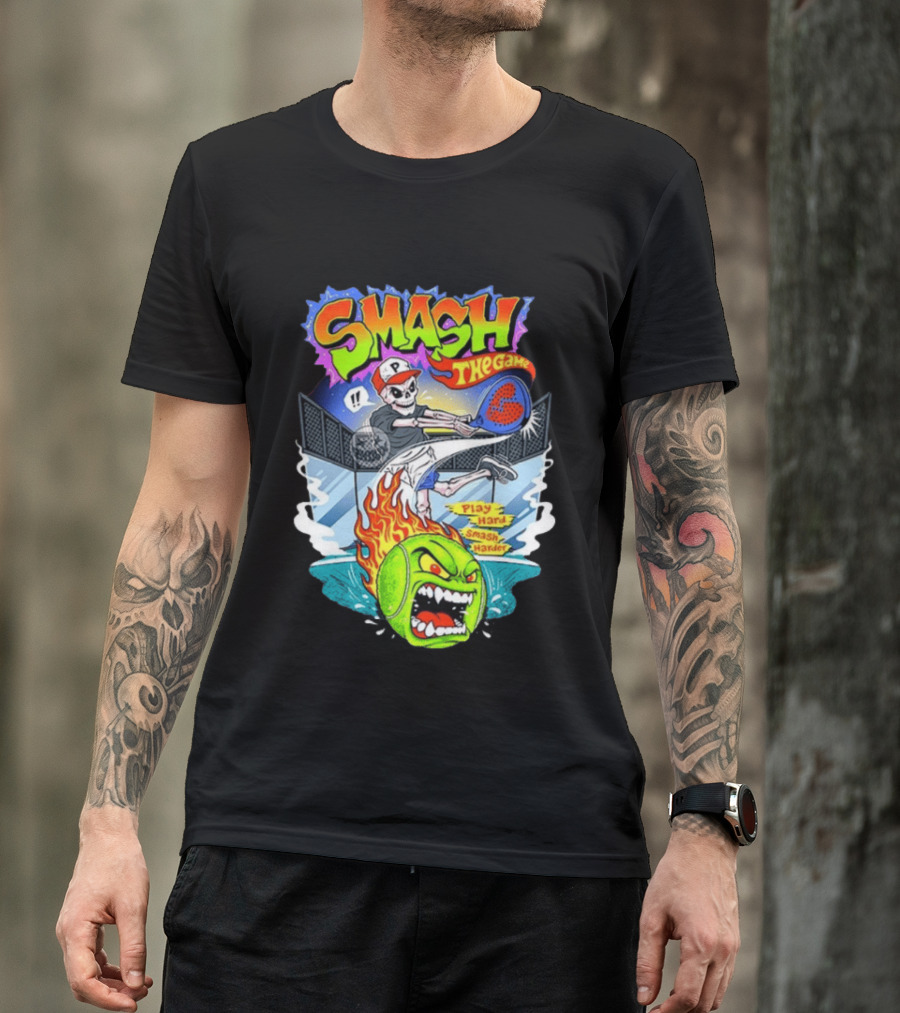 Smash The Game Play Hard Smash Harder Skeleton Playing Pickleball With Fiery Ball And Court T-Shirt