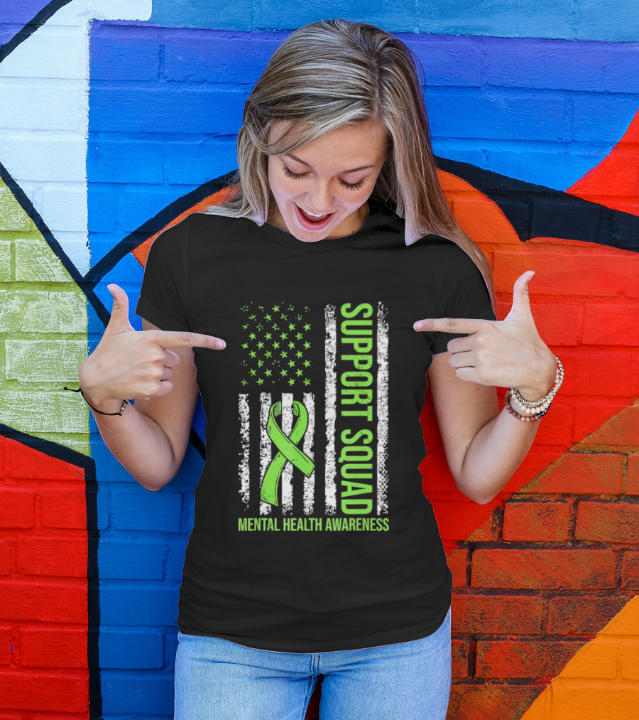 Support Squad US Flag Green Ribbon Mental Health Awareness T-Shirt