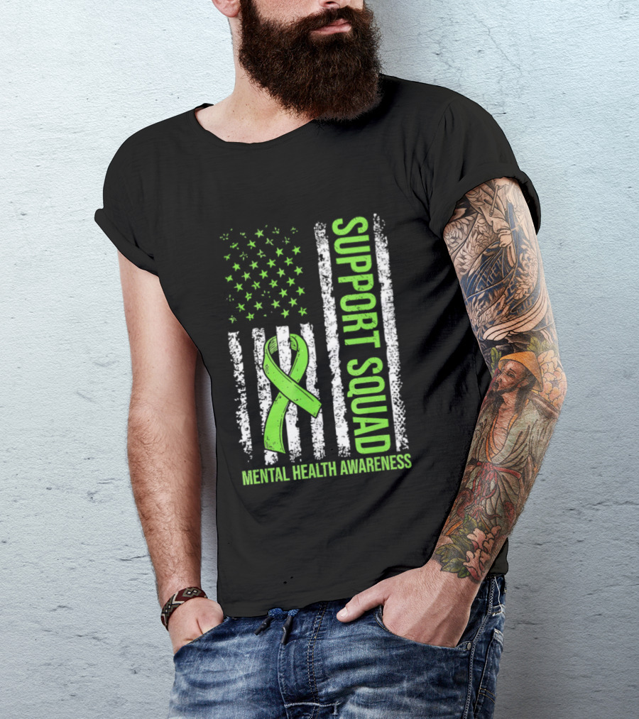 Support Squad US Flag Green Ribbon Mental Health Awareness T-Shirt