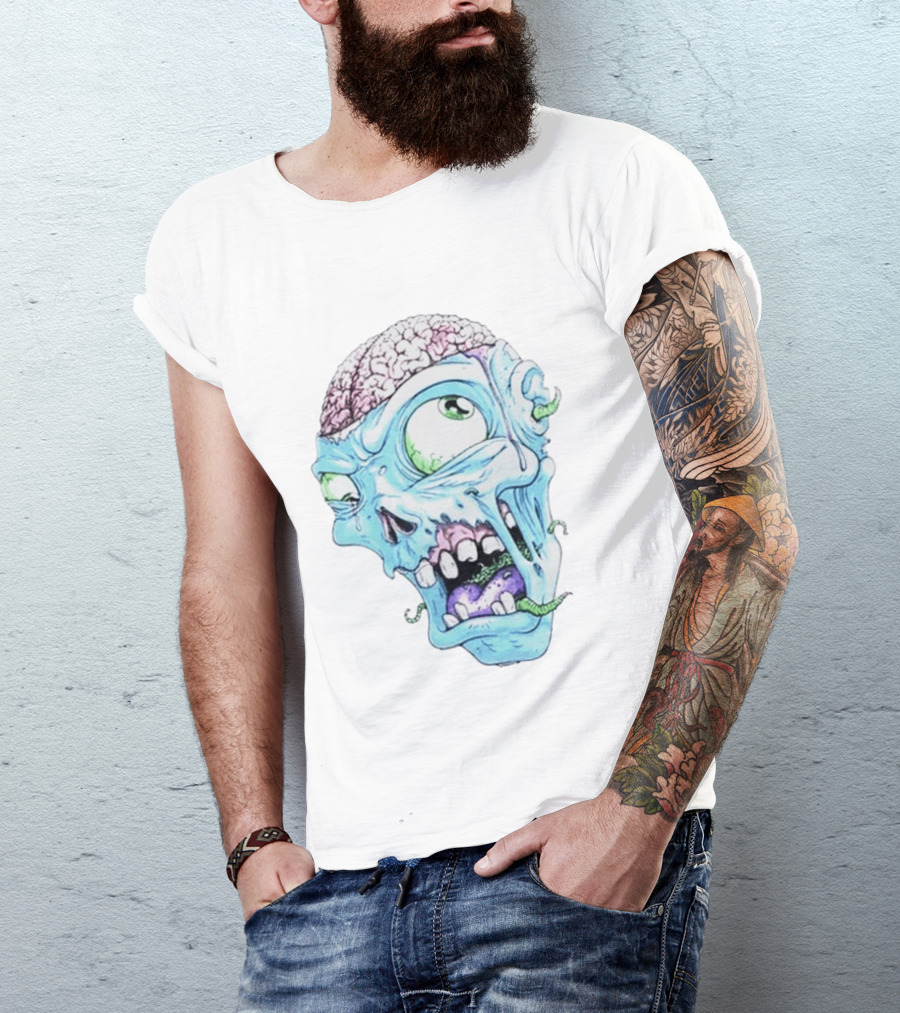 Annoyed Monster Head Zombie Skull Illustration With Exposed Brain And Worms T-Shirt
