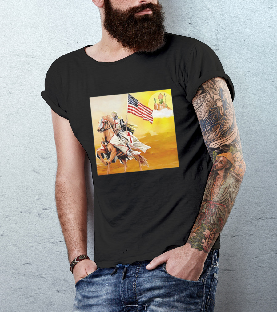 Donald Trump Crusader Knight With American Flag Riding Horse T-Shirt