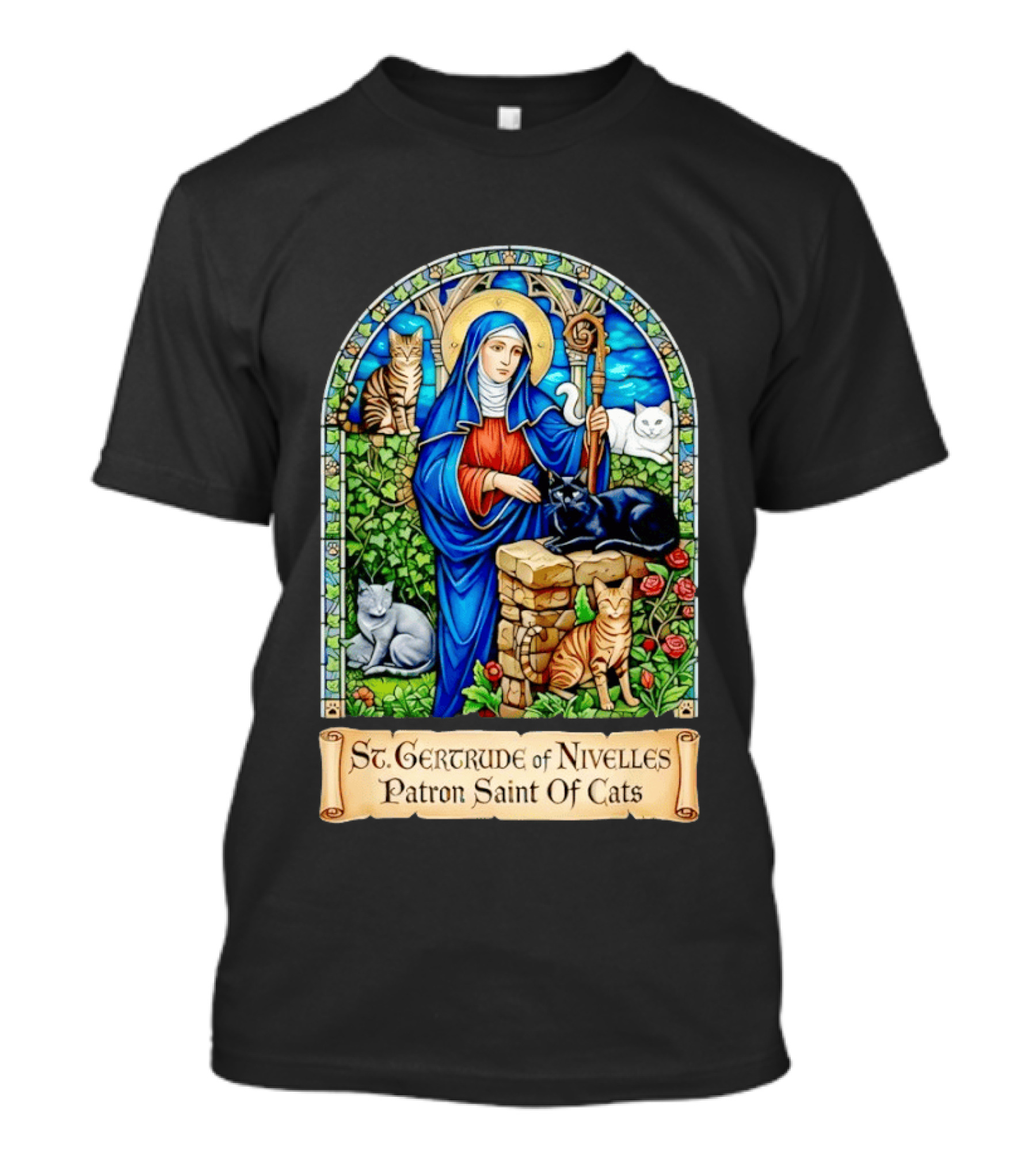 St. Gertrude Of Nivelles Patron Saint Of Cats Iconic Stained Glass Cat T-Shirt