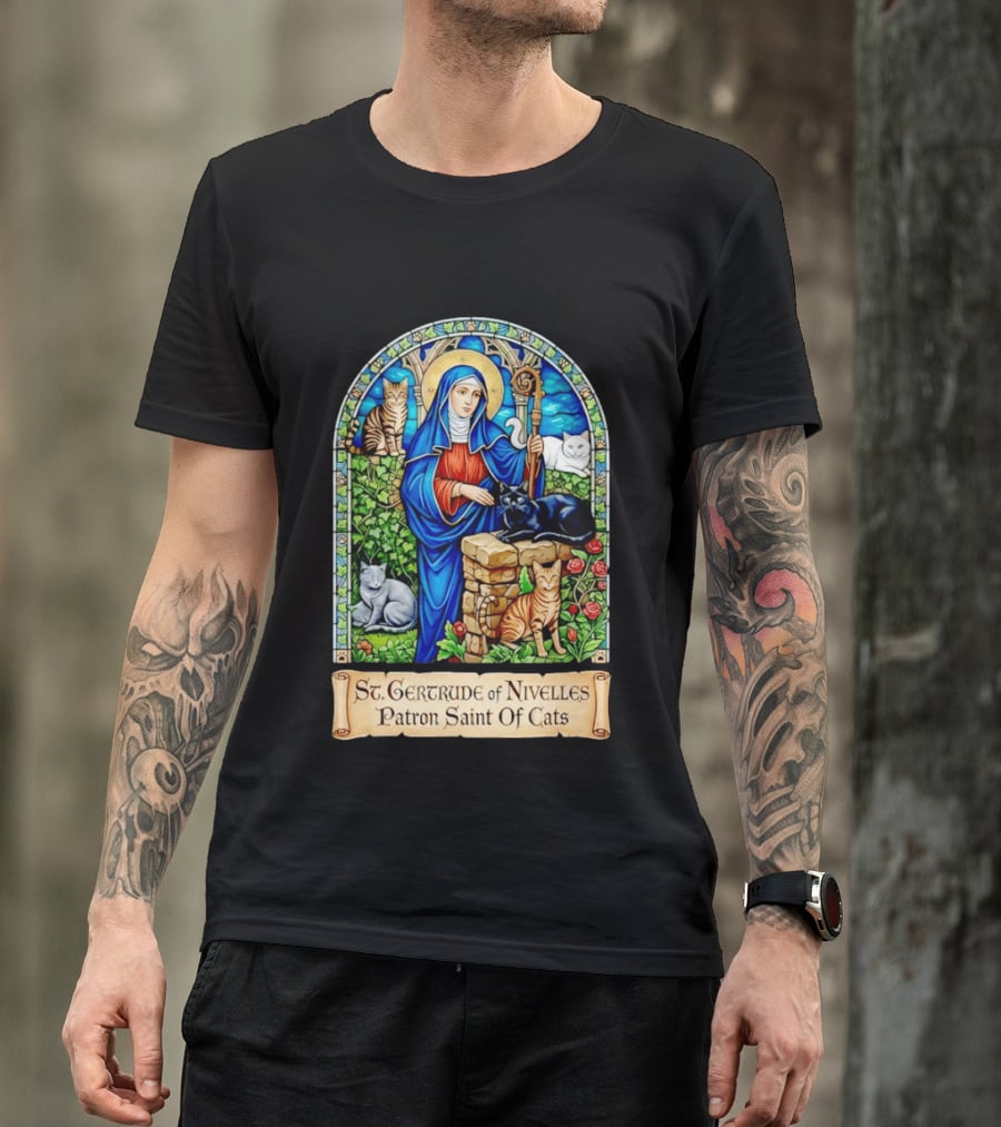 St. Gertrude Of Nivelles Patron Saint Of Cats Iconic Stained Glass Cat T-Shirt